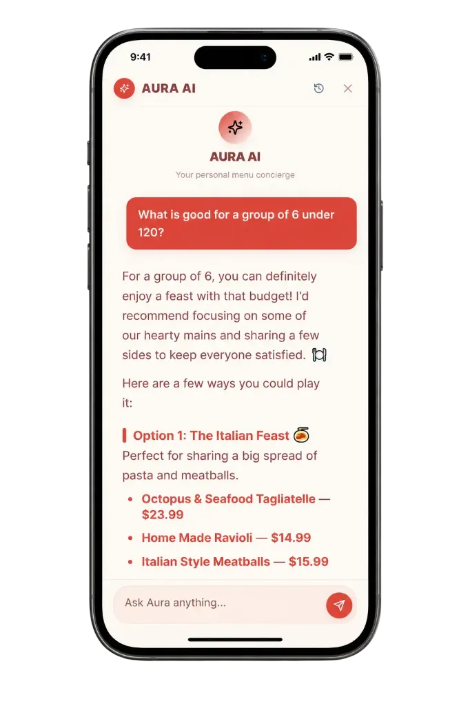 Aura AI In-Menu Concierge Budget Simulation on iPhone